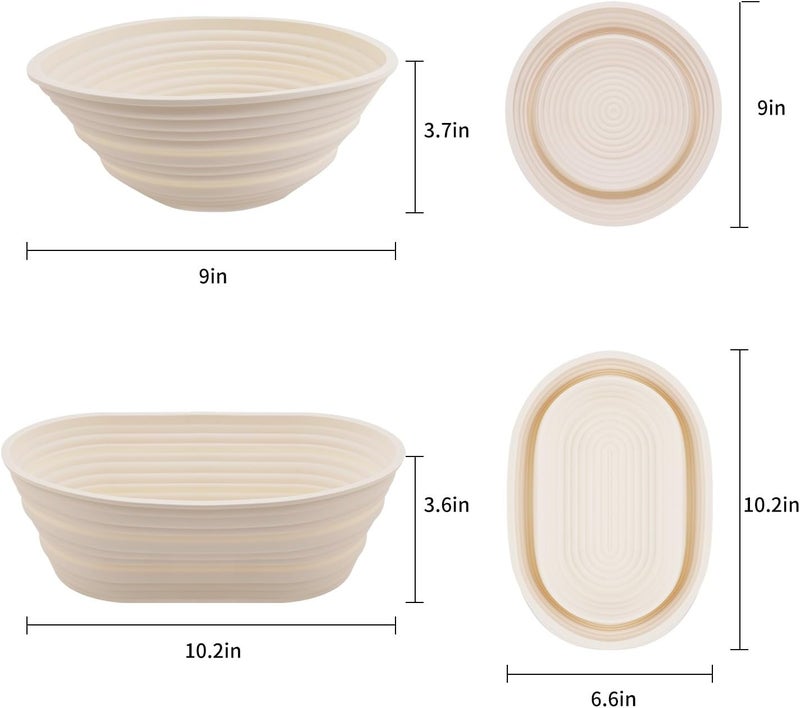 CHAMEX 2Pcs Silicone Banneton Bread Proofing Baskets, 10" Oval & 9" Round Foldable Non-Stick Dough Proofing Bowl Containers-BPA Free, Optimum Sourdough Bread Baking Supplies(Beige) - Image 3